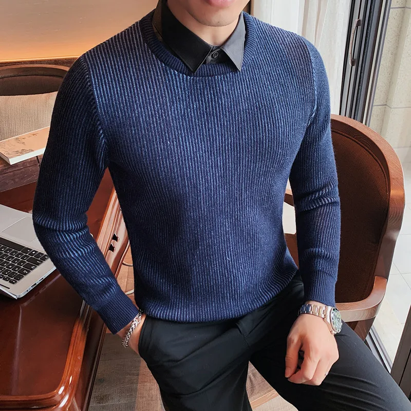 

Top Quality Autumn Winter Business Striped Sweater Men Clothing Fake-2Pieces Slim Fit Casual Knitted Pull Homme British Style
