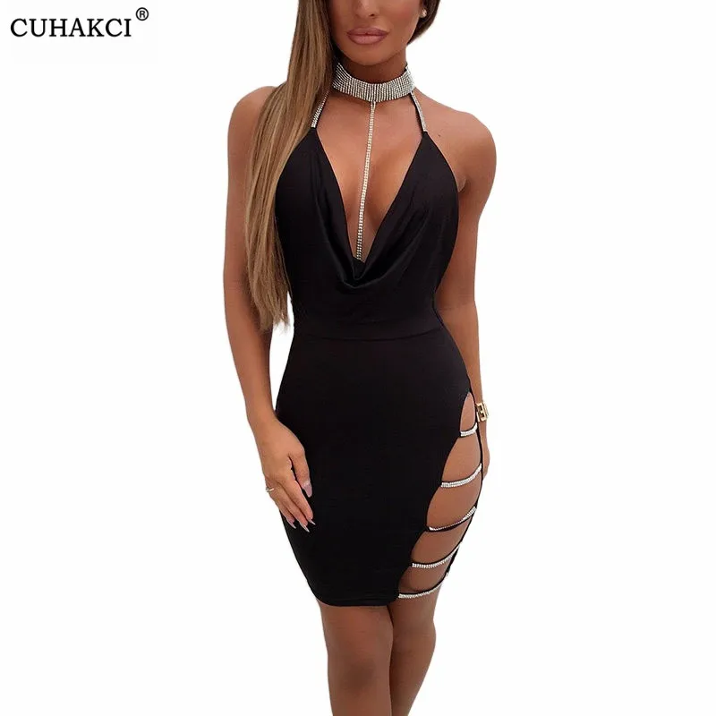 

CUHAKCI Halter Sexy Backless Short Dresses High Split Diamond Metal Chain Bodycon Skinny Club Party SummerCotton Streetwear