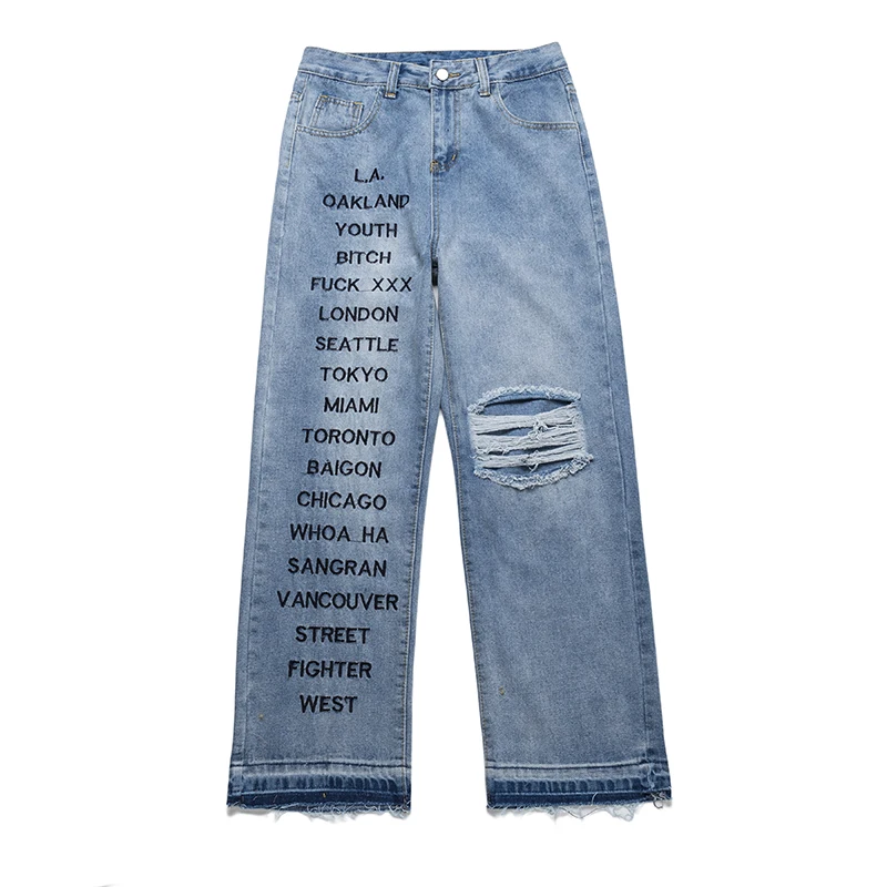 UNCLEDONJM рваные джинсы для мужчин с буквенным принтом джинсовые штаны стрейчевые