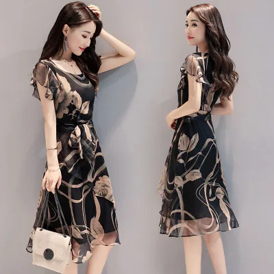 

Женское шифоновое платье с принтом, тонкое ТРАПЕЦИЕВИДНОЕ ПЛАТЬЕ средней длины с принтом, лето 2021