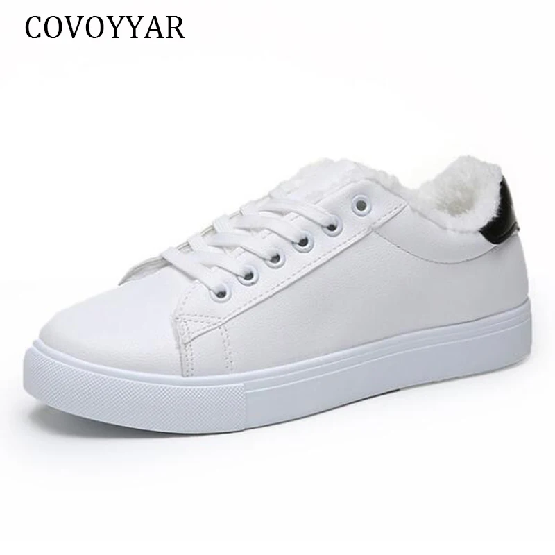 COVOYYAR/ зимняя обувь; женские кроссовки с теплым мехом и плюшем; Женская Белая обувь на платформе со шнуровкой; удобная женская обувь; WSN2026