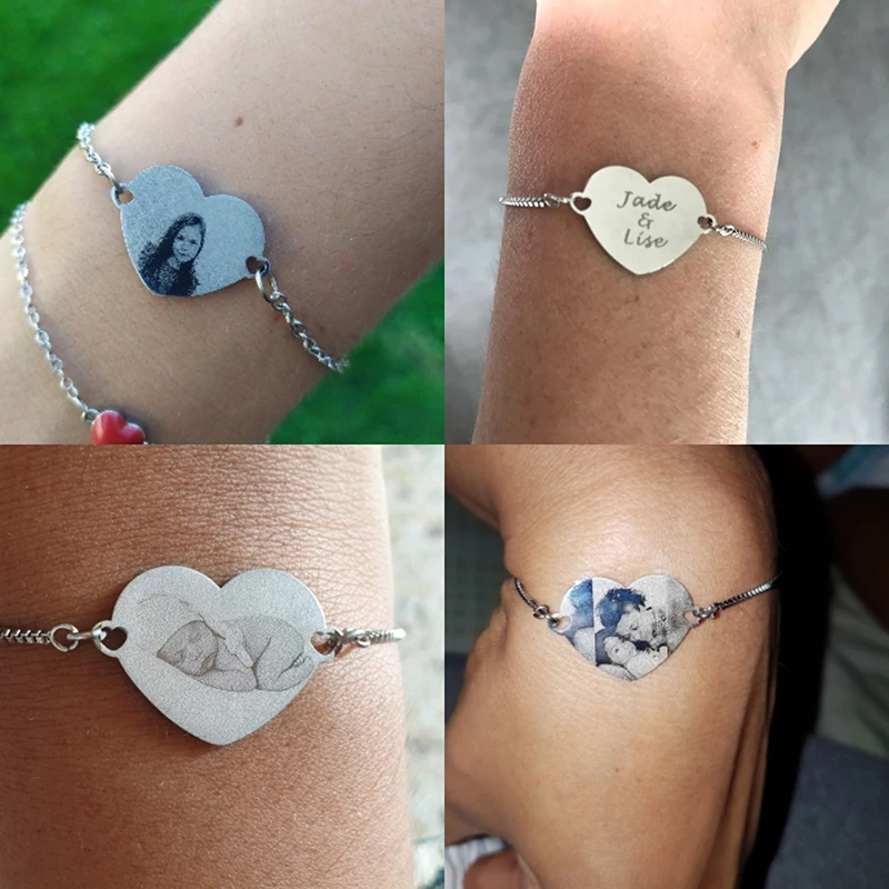 Letdiffery Customized Stainless Steel Heart Bracelet Engrave Baby's Name Birthday Photo Adjustable Personlized Women Jewelry