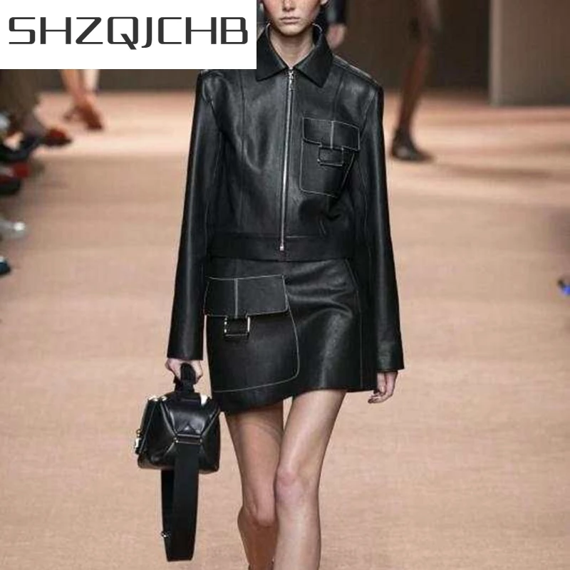 

JCHB 2021 Autumn Winter New Women Runway Jacket Streetwear Sheepskin Straight Coat Zipper Punk Biker Genuine Leather Outerwear J