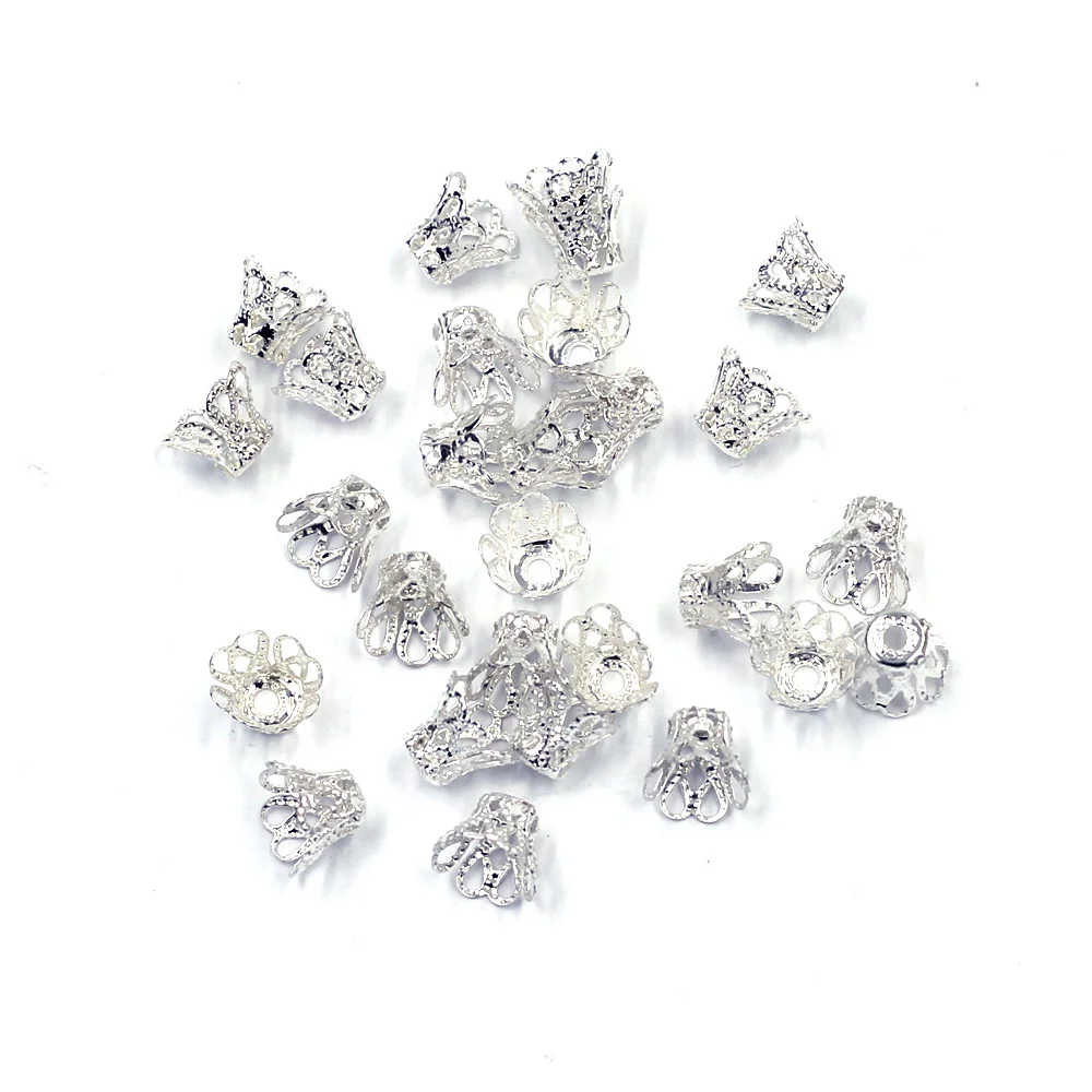 

100Pcs End Bead Cap Silver Plated Flower Hollow Filligree Bell Alloy Jewelry Making DIY Findings 7x9mm