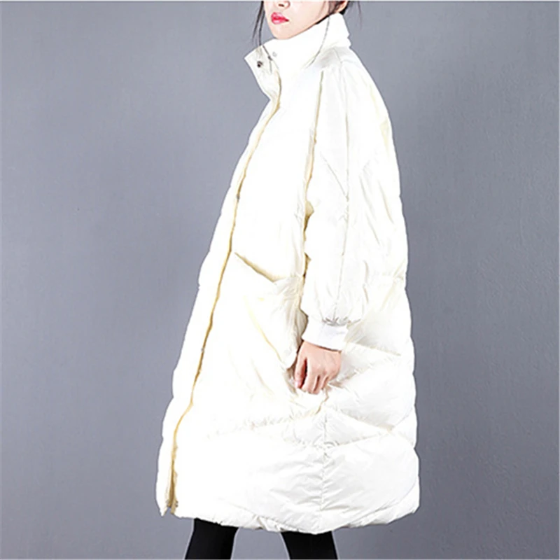 Женский длинный пуховик черный свободный с рукавом летучая мышь верхняя одежда