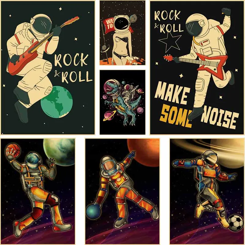 

Vintage Astronaut Posters Kraft Paper Funny Space Poster Wall Art Decor Home Room Study Cafe Art Painting Picture Wall Stickers