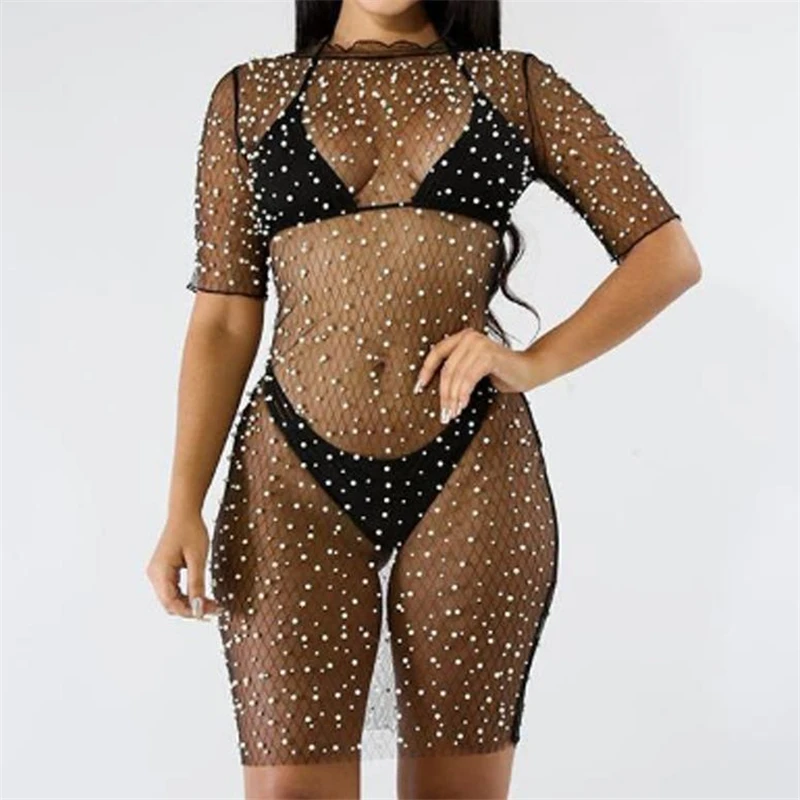 Стразы накидка на купальник Черное женское бикини купальный костюм летнее