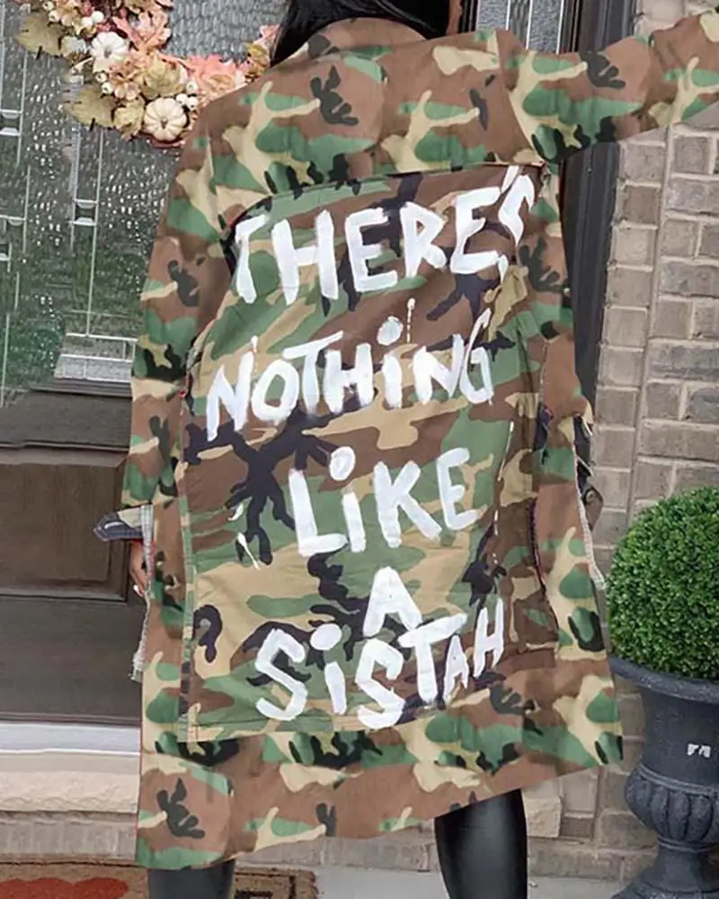 

Women Fashion Long Sleeve Casual Longline Coat 3XL Oversized Female Autumn Casual Letter Camouflage Pocket Design Long Coats