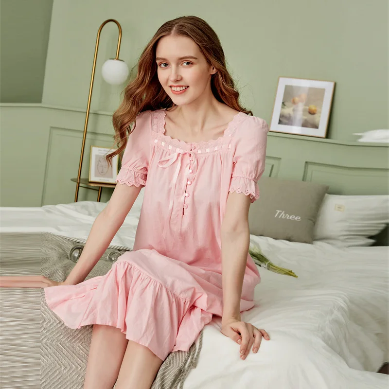 

Новинка весна-осень длинная ночная рубашка принцессы с коротким рукавом Свободная хлопковая Домашняя одежда ретро дворец женские винтажны...