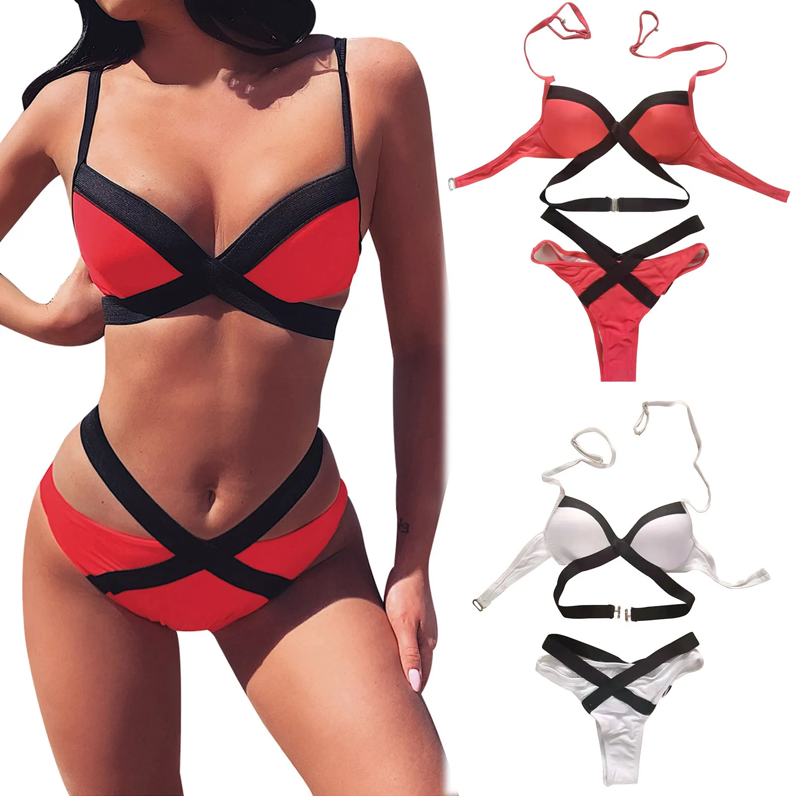 

Однотонный купальник, сексуальное бикини, Раздельный купальник из стали, комплект из двух предметов, купальник с перекрестной спиной и банд...