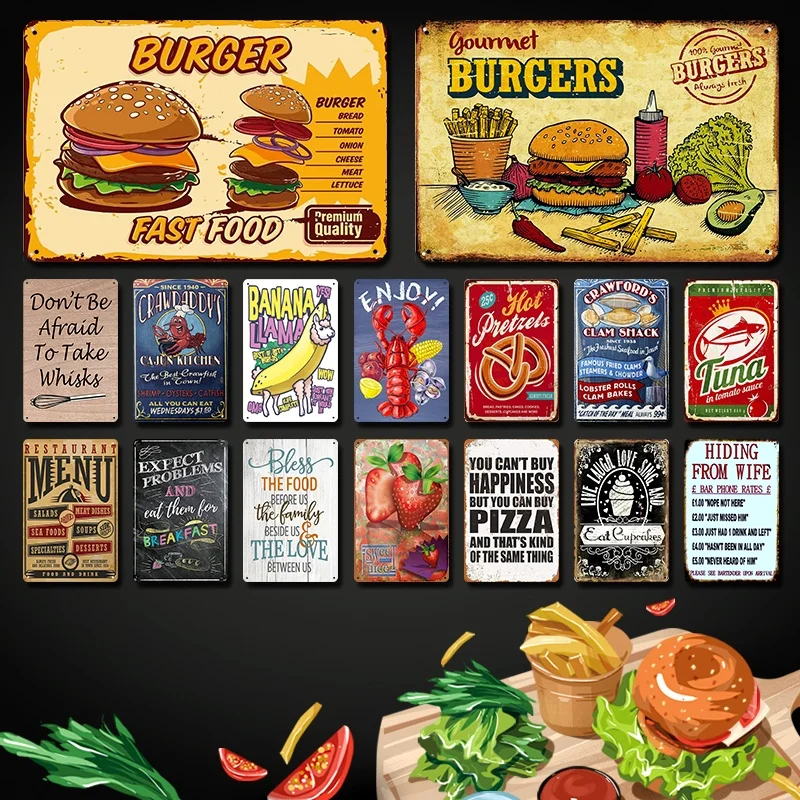 

Burger Fast Food Signs Metal Tin Signs Vintage Posters Restaurant Cafe Bar Kitchen Wall Decor 8 x 12 Inches