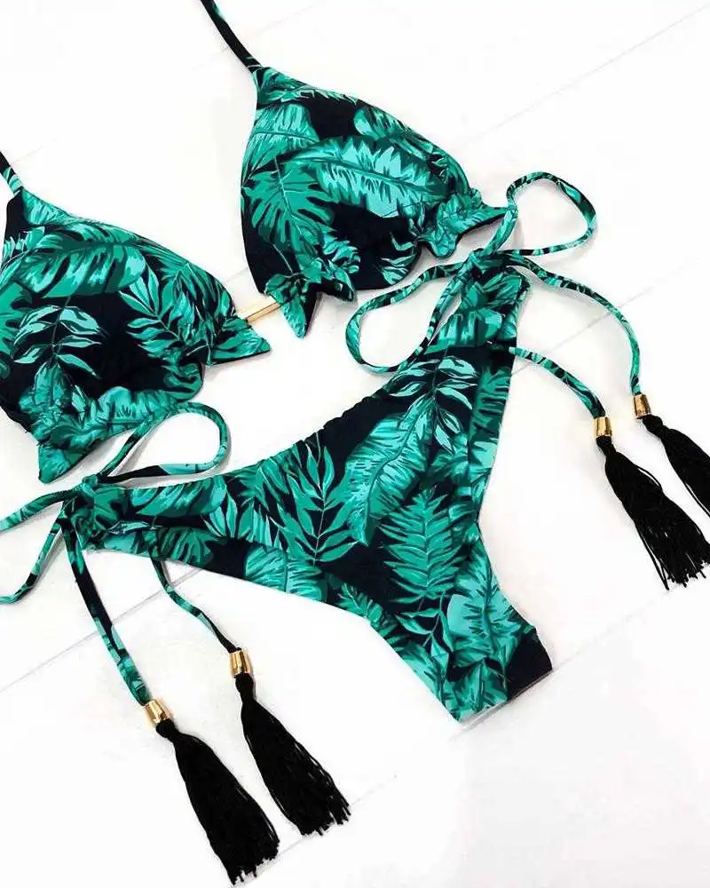 

2020 sexy female green leaf low-cut bathing suit woman bikini waistband tropical bikini print