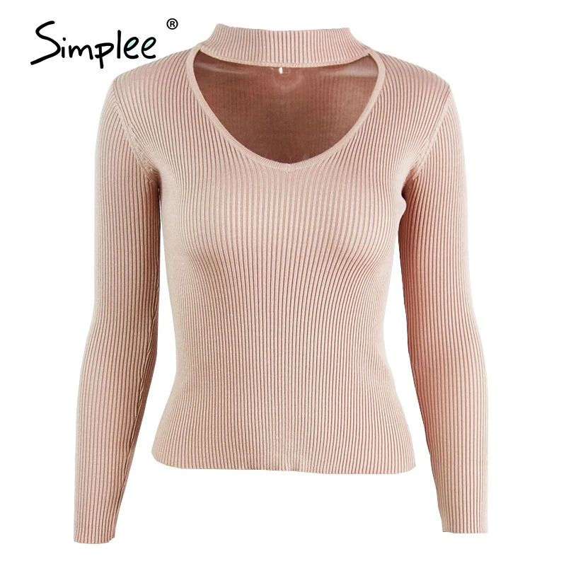 Simplee Slim halter knitted sweater women tops Autumn winter 2019 green v neck short pullover Casual black jumper pull femme | Женская
