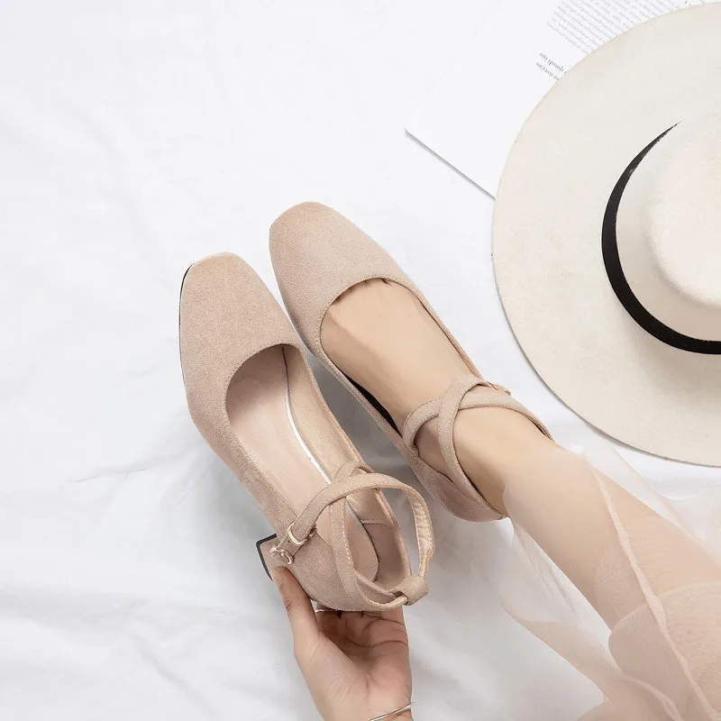 

CONASCO 2021 New Arrival Woman Pumps Kid Suede Spring Autumn Casual Cross-tied Ankle Strap Round Toe Strange Style Shoes Woman