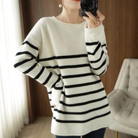 large size loose wool sweater womens clothing round neck striped knitted pullover spring and autumn lazy style outer wear tops