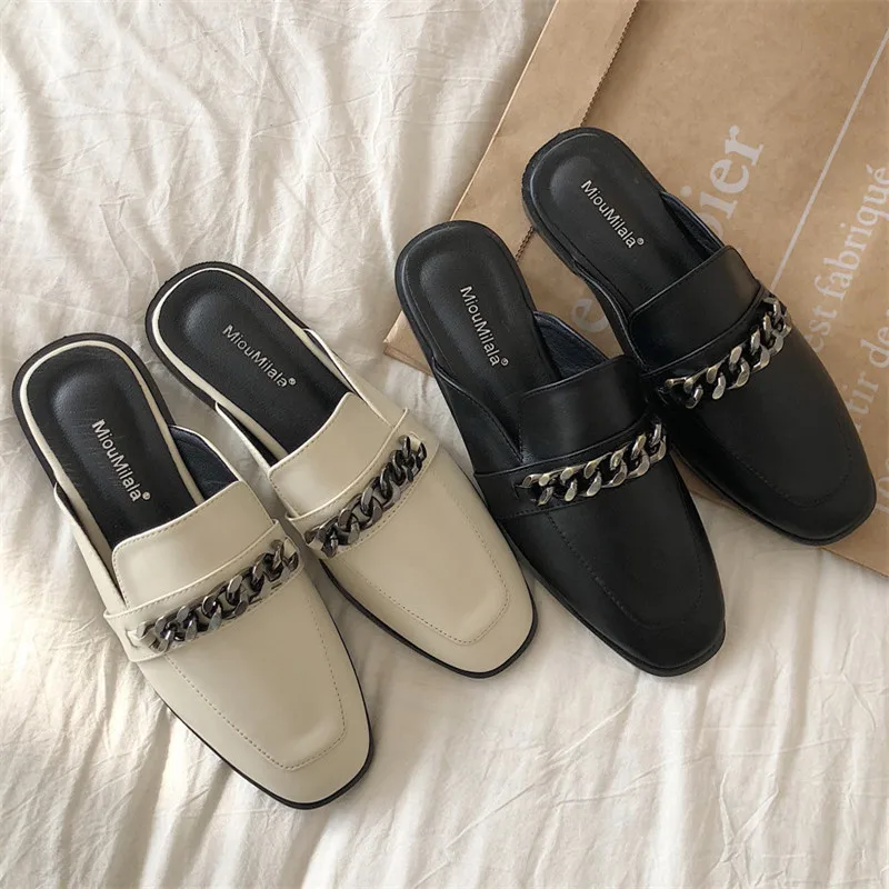 

Summer Ladies Chain Lazy Slippers Women's Slip On Mules Shoes Casual Leather Designer Slides Pumps Footwear Female Flip Flops