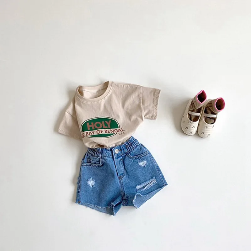 Camiseta holgada de algod&oacute;n con letras para ni&ntilde;os y ni&ntilde;as, ropa de ocio de manga corta, E100284, verano, 2021-2