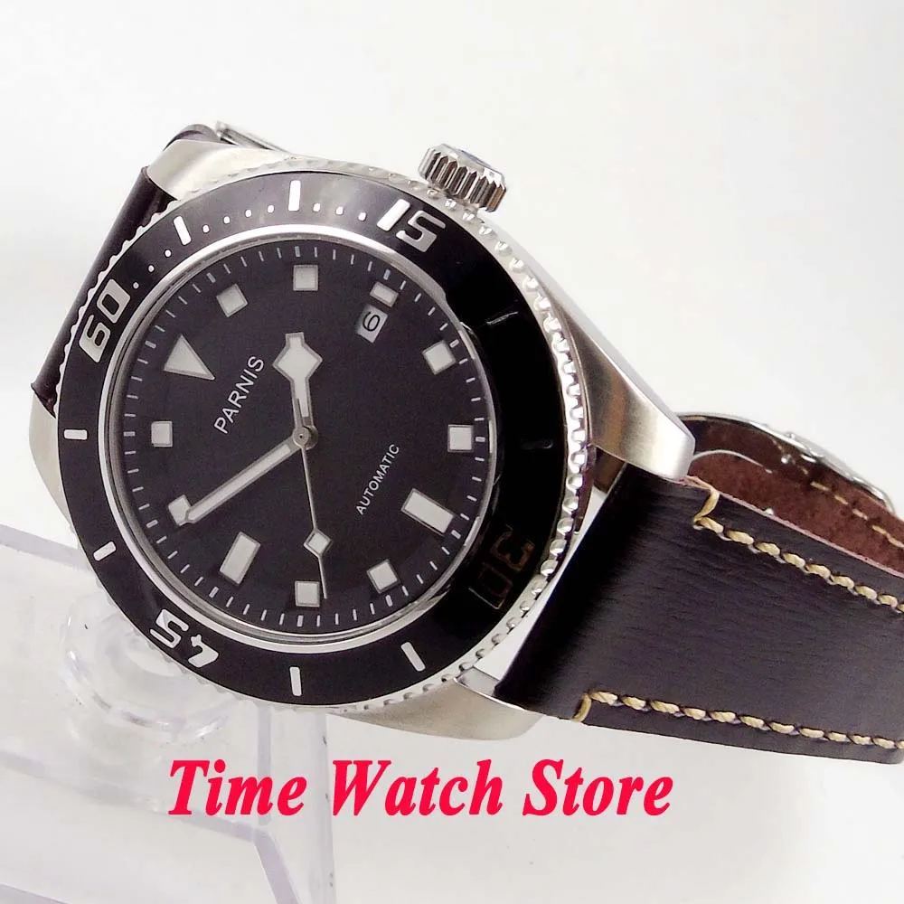 

Parnis 43mm 10ATM MIYOTA Automatic men's watch leather black dial white marks sapphire glass deployant clasp 592