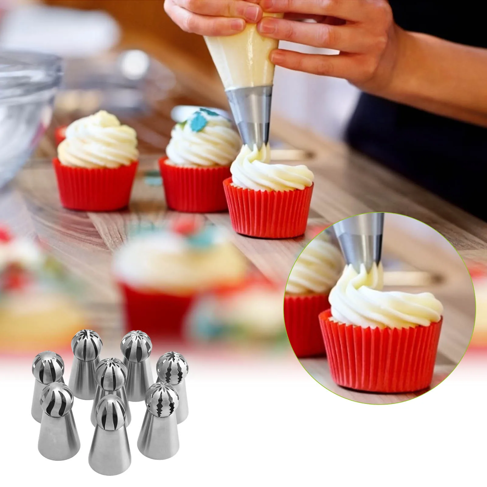 

8pcs Flower Nozzle Professional Reusable Piping Tips Set Stainless Steel Spherical Torch Mounting Nozzle Russian Flower Mouth