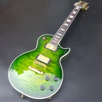 custom electric guitar mahogany body quilted maple top rosewood fingerboard block inlay gold hardware trans green gloss finish