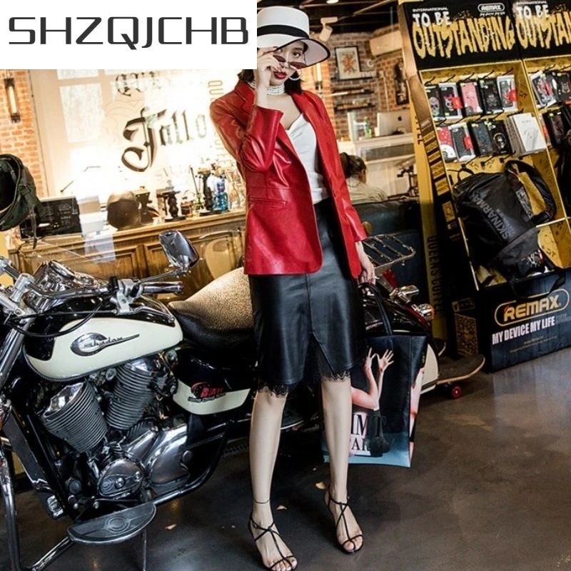

JCHB 2021 Women New England Style Slim Fit Sheep Leather Suit Red Genuine Leather Sheepskin Single Button Turn down Collar Outer