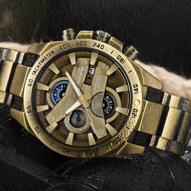 

TEMEITE Retro chronograph Men's Watches Quartz Luxury Brand Military Army Men Watch Stainless Steel Relogio Masculino