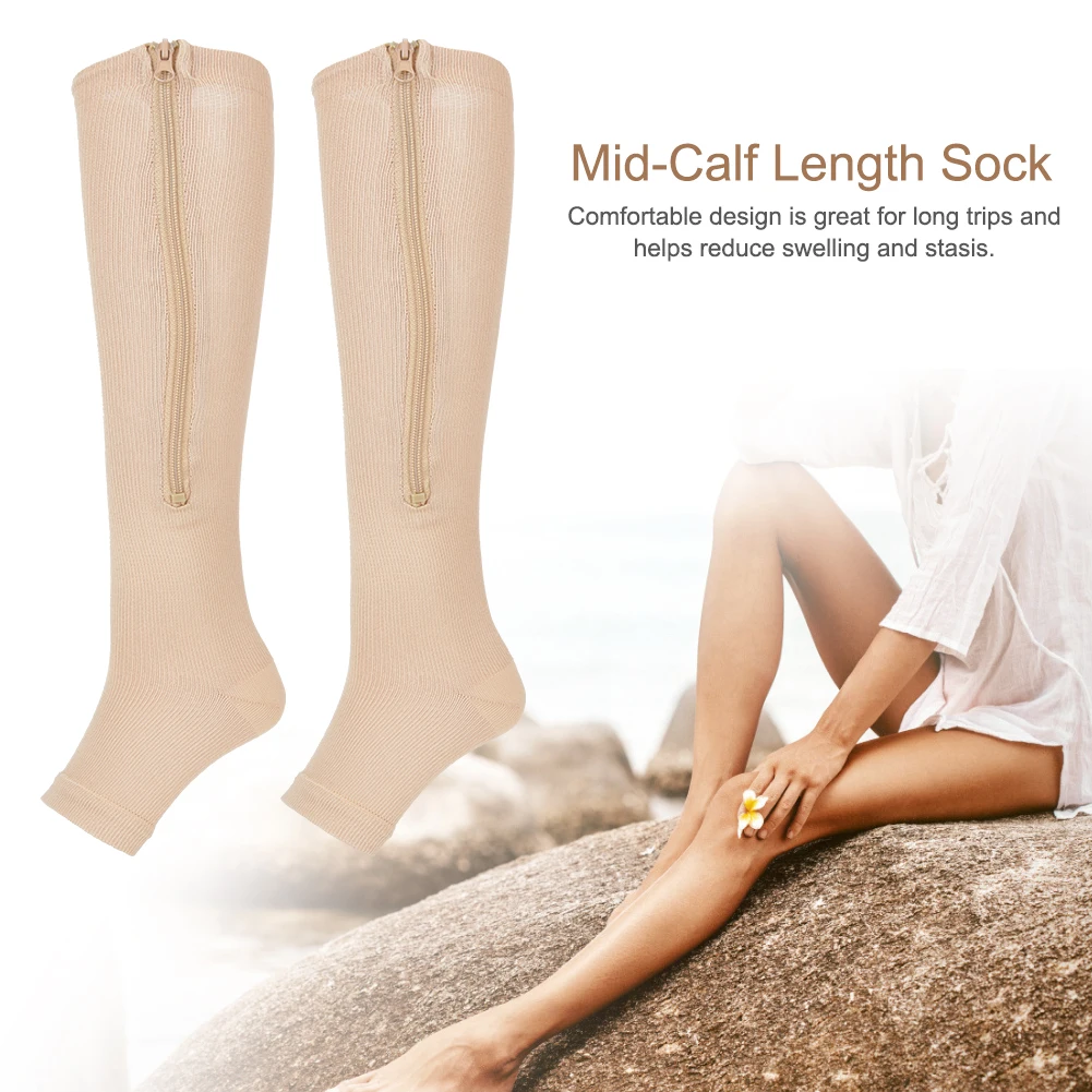

1Pair Anti-slip Zipper MidCalf Length Sock Compression Vein Elastic Stockings Slim Leggings Stretch Socks Open Toe SkinColor XXL