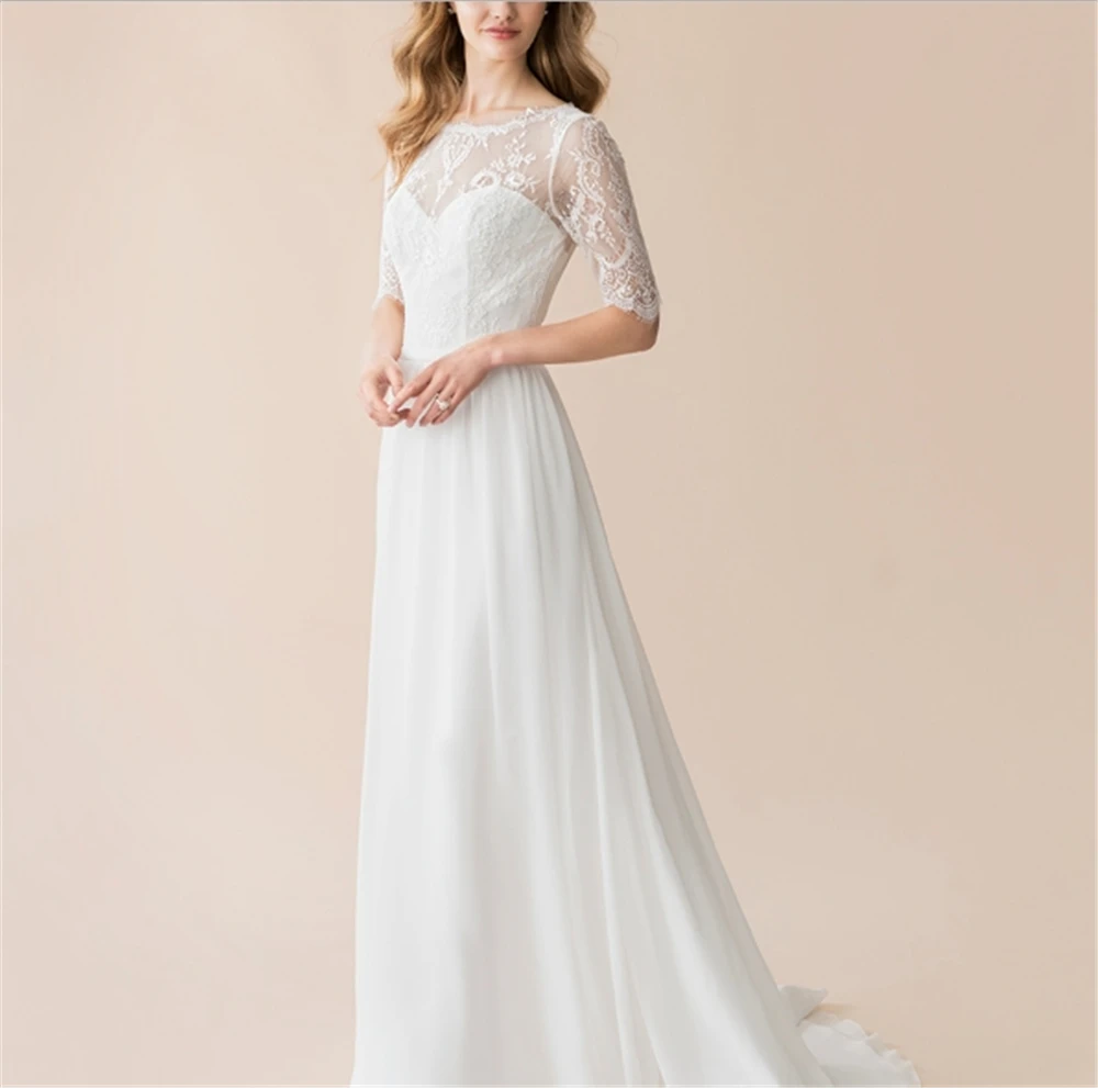

White Lace And Chiffon Half Sleeves Scoop Backless Sweep Train Floor-Length Cap Sleeves Custom-Made Beach Wedding Dresses