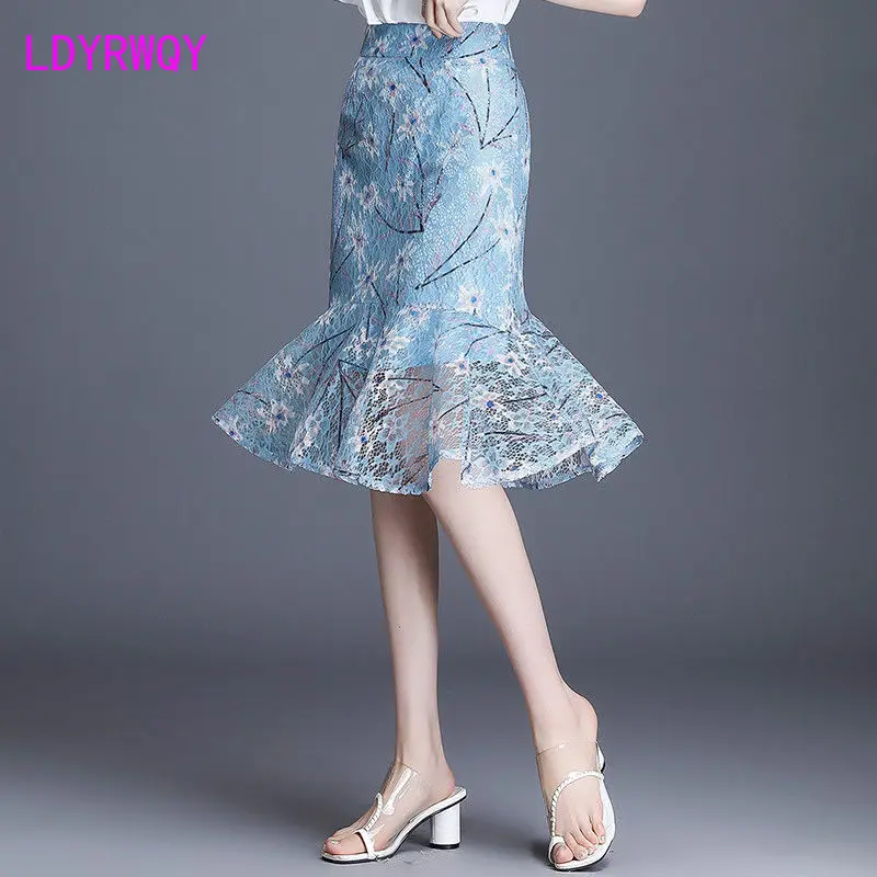 

High waist fishtail skirt women 2021 summer new lace one step ruffled hips Knee-Length WOMEN