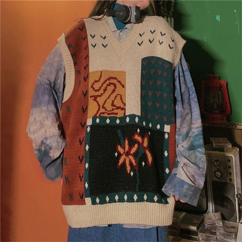 

2021 Spring Women vest Knitted Vintage fashion Loose Oversize V-neck pullovers Match Tie dye shirt Korean style
