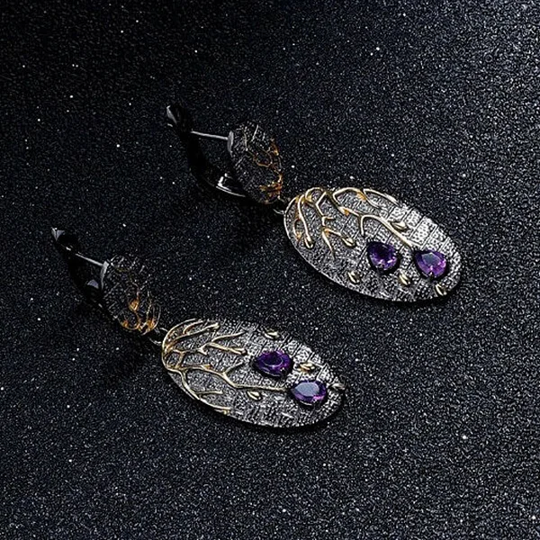 Модные серьги в стиле мори простые виде веток Листьев фиолетового циркона