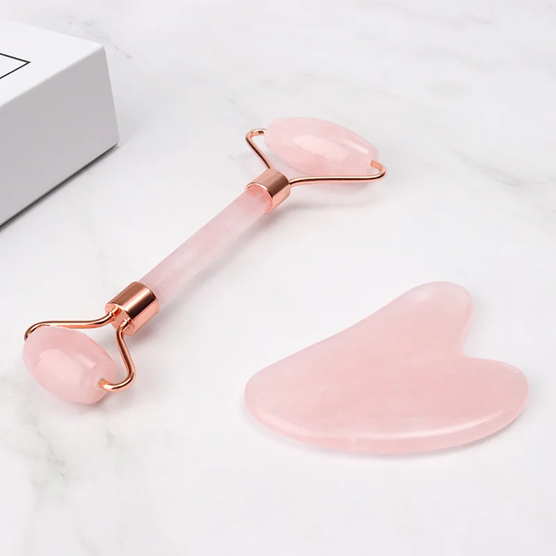 

Face-lifting Jade Facial Massager Rose Natural Roller Quartz Roller Massager Slimming Jade Scraping Mask Brush Three-piece Set