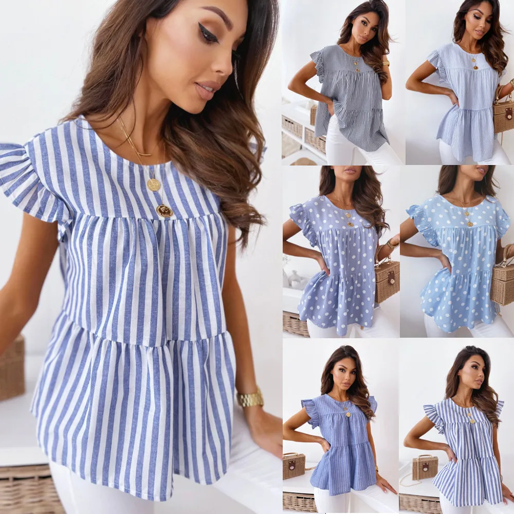 

2021 Hot Summer Round Neck Office Commuter Ruffled Short-sleeved Striped Shirt Shirt Women Vtements De Femme