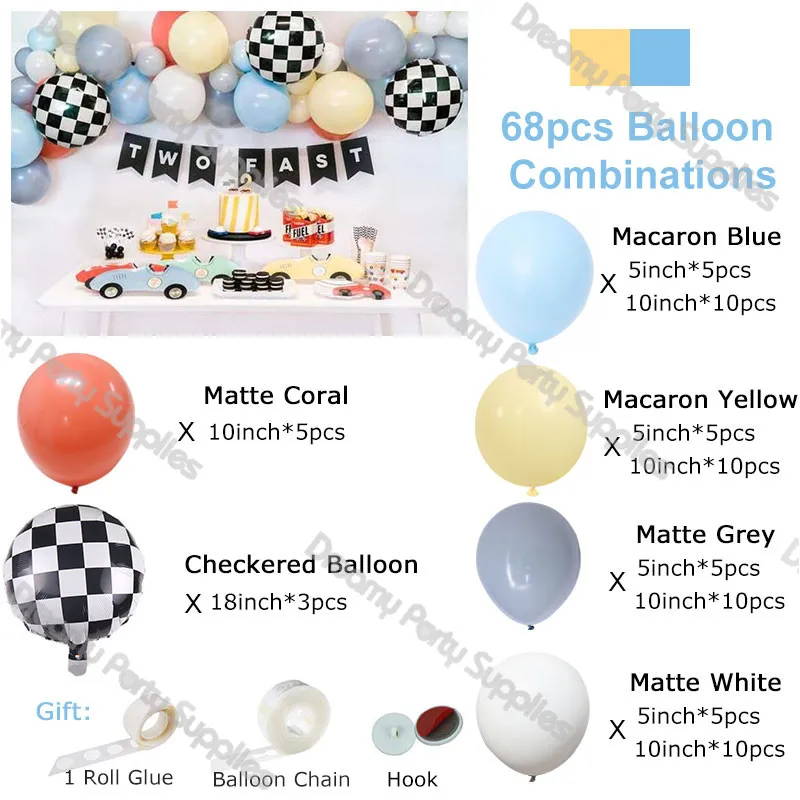 Arco de Globos de coche de carreras, decoraci&oacute;n de fiesta de cumplea&ntilde;os para ni&ntilde;os, 68 piezas, Kit de guirnalda de Globos azul y amarillo, fondos de Globos a cuadros negros-1