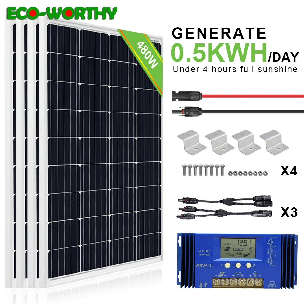 ECO WORTHY почти 500 Вт RV комплект солнечных панелей и 4 шт. 120 панели батарей s + 60A