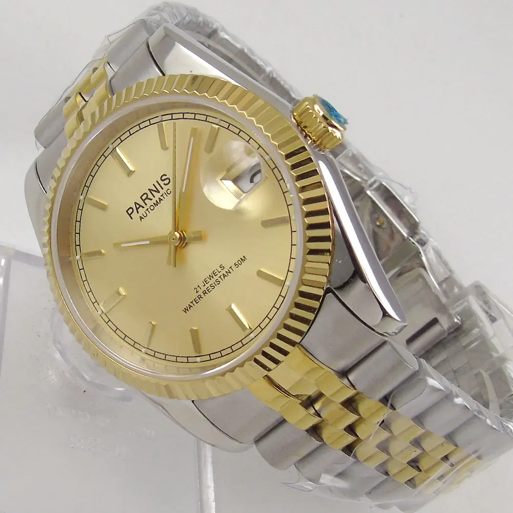 Роскошные 36 мм Parnis Желтое золото Циферблат юбилейный браслет Datejust Miyota 821A автоматические мужские часы