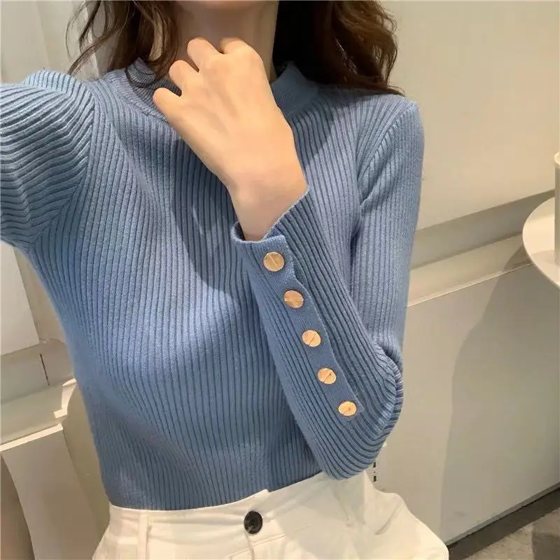 

Autumn Women Soild Ribbed Button Sweater Pullovers Long Sleeve Turtleneck Jumpers Soft Comfortable Basic Tops Lady Slim Knitwear
