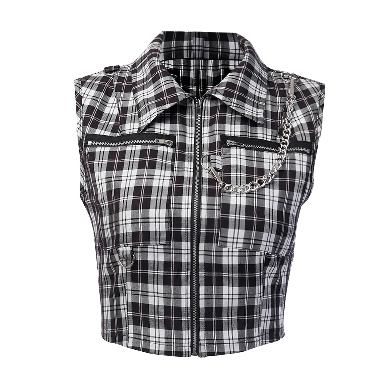 Gothic Chic Sexy Crop Tops Women T-shirt White Black Plaid Punk Streetwear Zipper Chain Plaid Female Goth Retro Hi Hop Camis Top