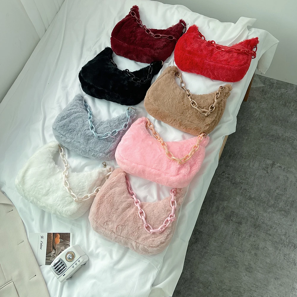 

Популярные женские сумки на плечо в форме полумесяца, женские плюшевые сумки на молнии для подмышек, однотонные сумки с акриловой цепочкой