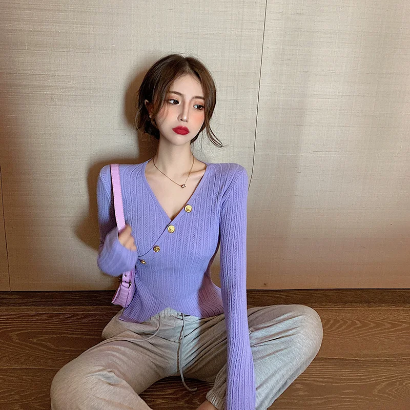 

Женский осенний свитер с V-образным вырезом, новинка 2021, необычный женский сексуальный пуловер с длинным рукавом, Топ