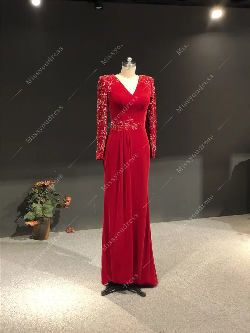 Red Velvet Customized Made Real Photos Heavy Beads Full Sleeves Straight Floor Length Evening Party Prom Dance Dress Gown