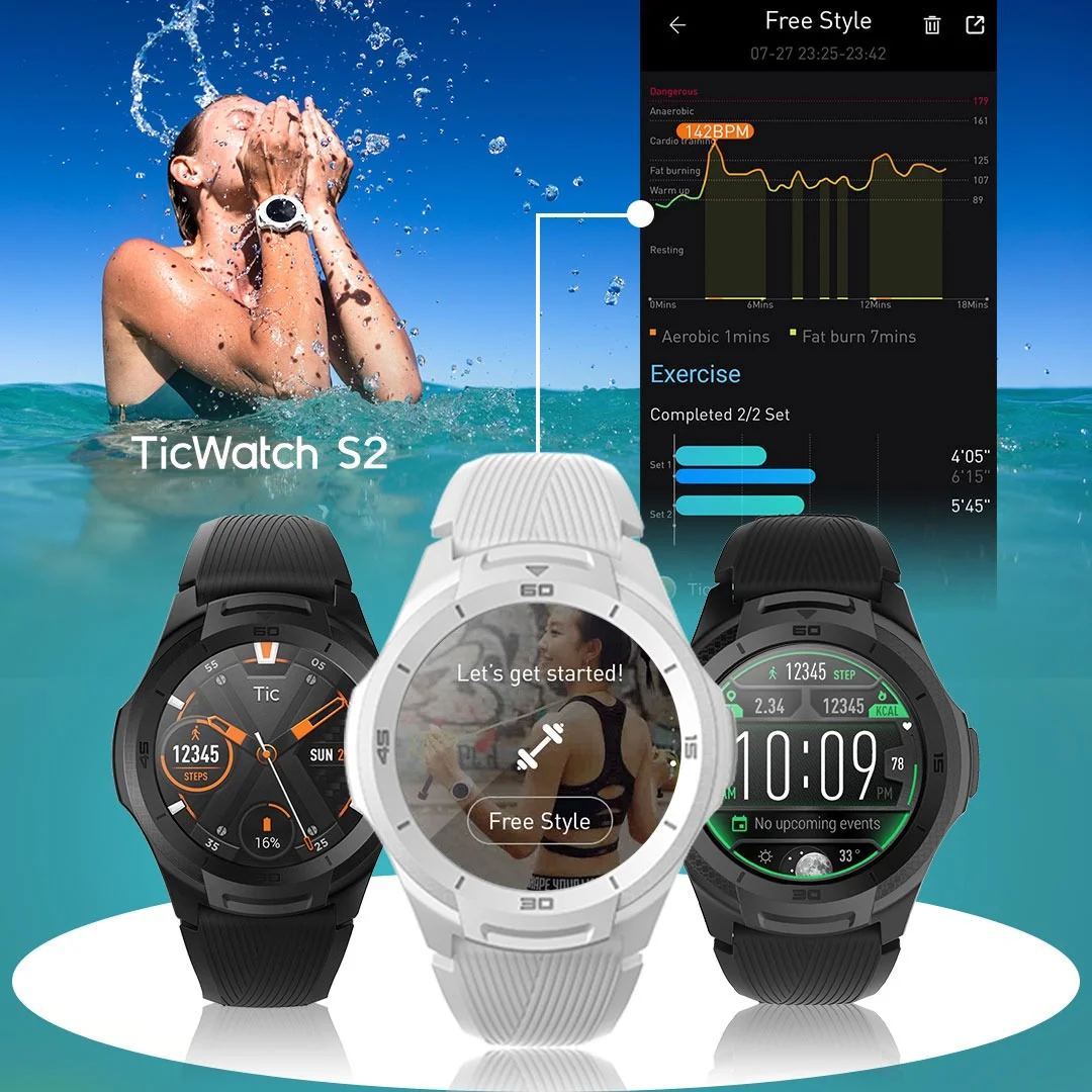 Мужские Смарт-часы TicWatch S2 (восстановленные) с GPS водонепроницаемые до 5 атм -
