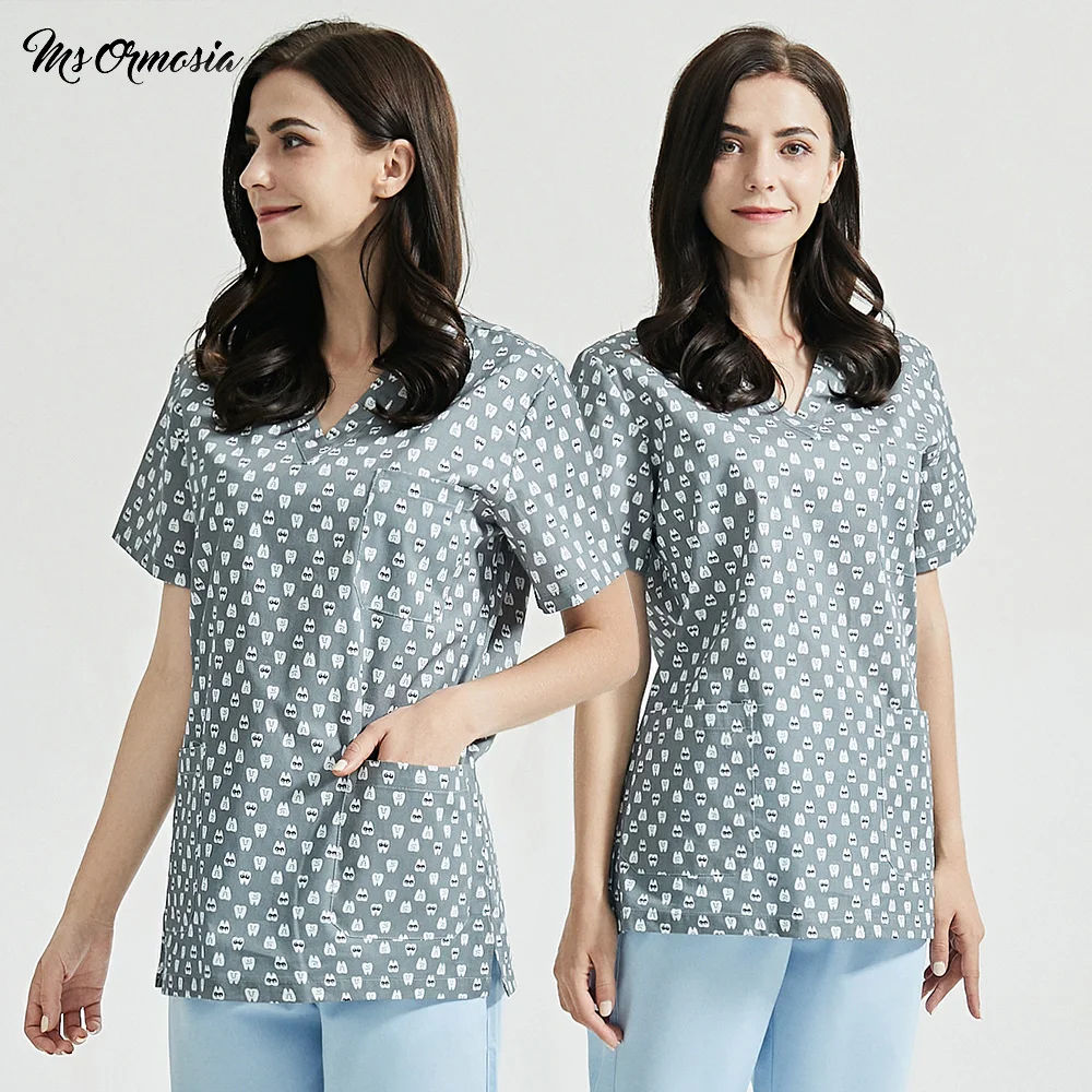 Высокое качество хлопок скрабы Топы салон красоты зуб печать Спецодежда спа Униформа унисекс