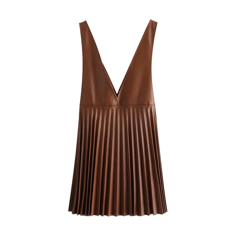

2021 Women Chic Fashion Faux Leather Pleated Skirt Casual Vintage V Neck Wide Adjustable Straps Female Skirts