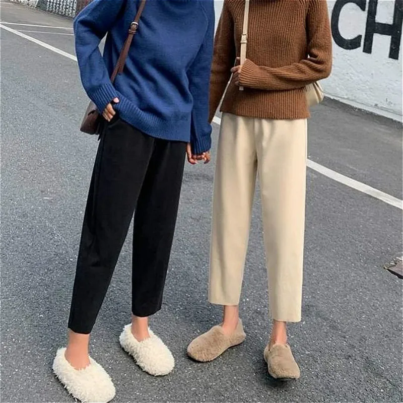 

Woolen Solid Harlem Pants Women Autumn Winter Loose Thin Version Radish Pants All-Match Trousers Ankle Length Slim Female