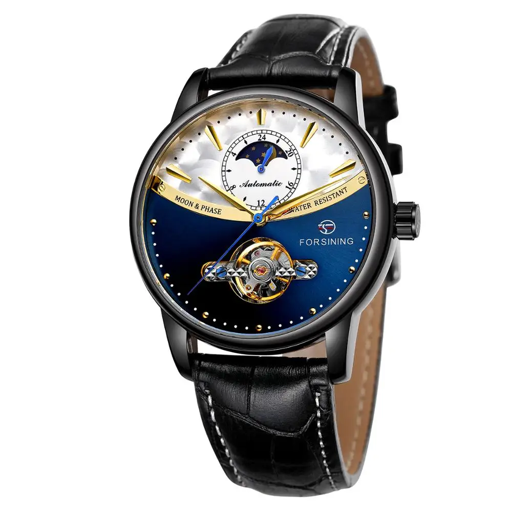 Forsining Tourbillon синие автоматические часы мужские классические Moonphase Дизайн Натуральная кожа Ремешок Водонепроницаемый Бизнес наручные часы подарок - Цвет: BLACK GOLD