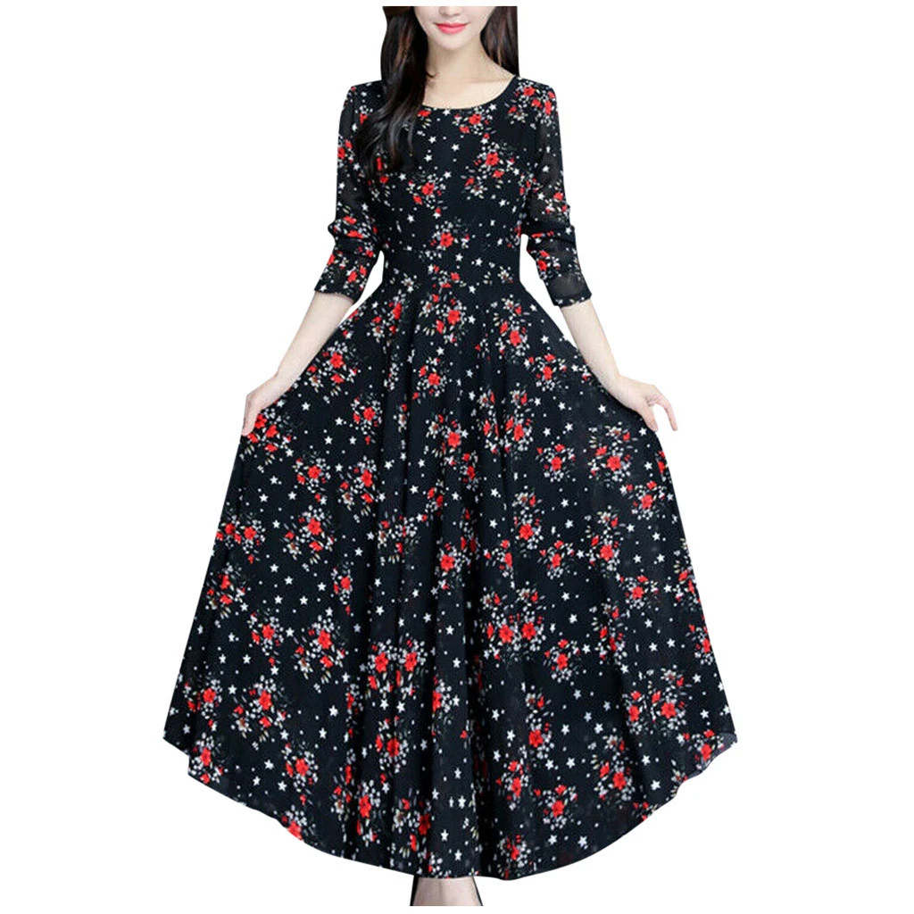 BK Женские весенние платья с цветочным принтом с длинными рукавами Boho Платье Карманы Свободные Осенние повседневные Макси женские зимние 816 - Цвет: BK