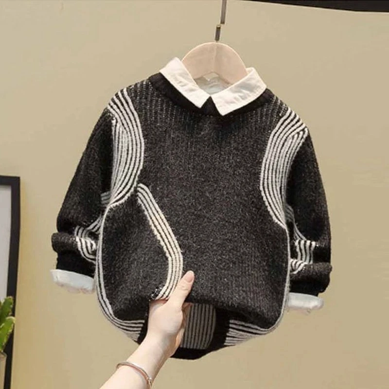 

Autumn Winter New Children'S Knit Cotton Warm Sweater Teenage Boys Double Layer High Quality Sweater Kids Casual Fashion Top