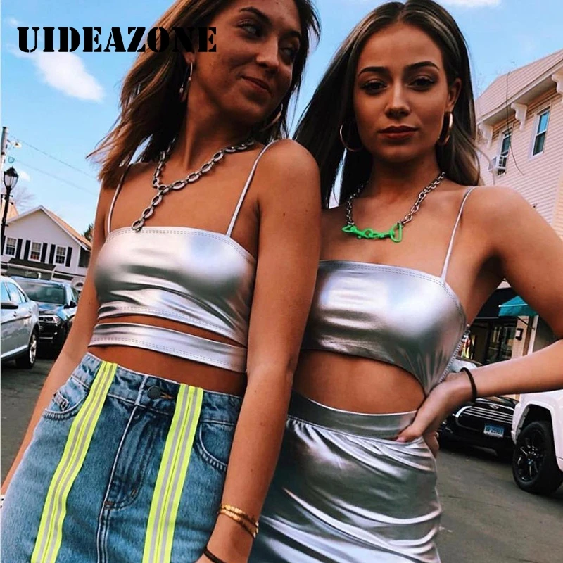 Женский укороченный топ из искусственной кожи голографический Топ без рукавов