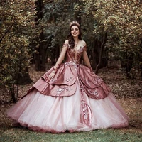 luxury crystals rose pink quinceanera dress long sleeve appliques pattern sequins lace glitter off shoulder arabic prom dresses